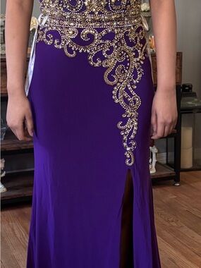 Elegant Purple Evening Gown with Gold Embellishment